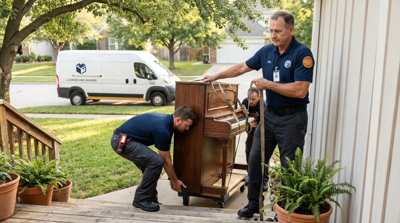 Licensed piano movers securing grand piano in Fairfield, NJ