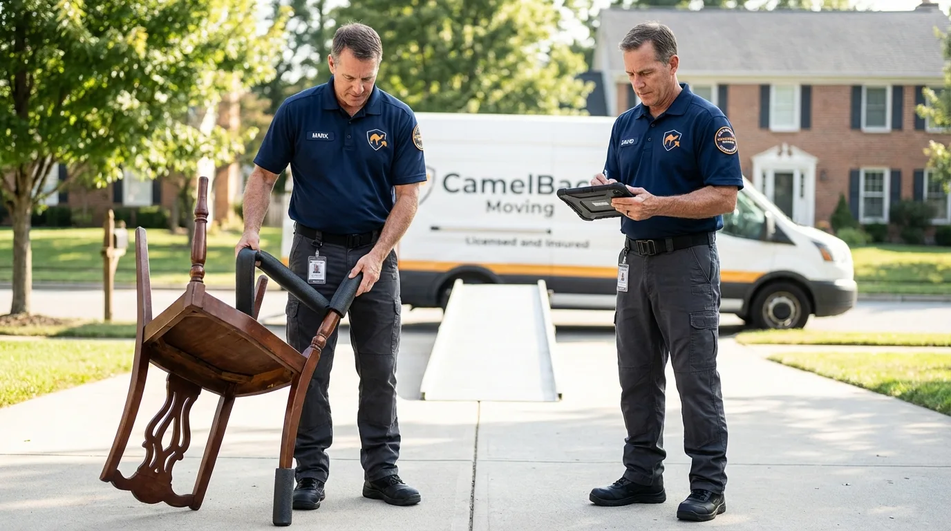Movers inspecting furniture for damage prevention before loading in Fairfield, NJ