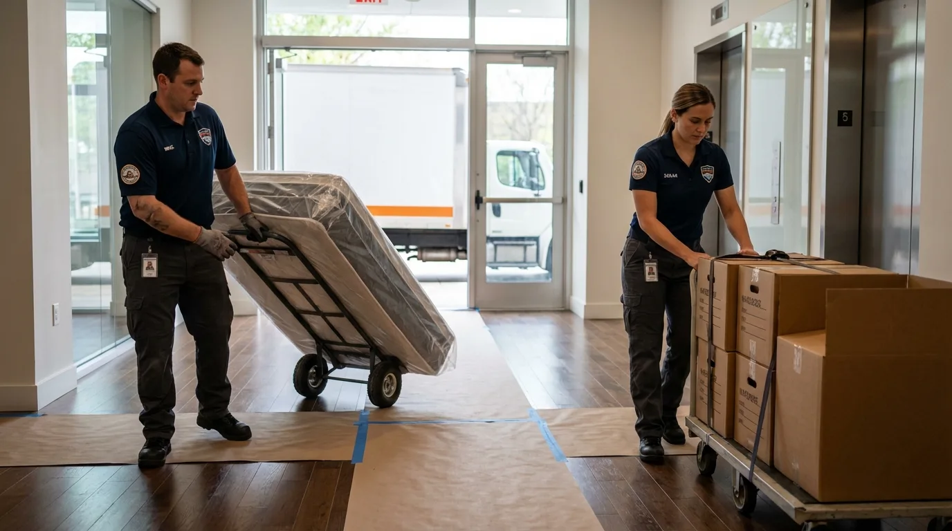 Professional apartment movers loading elevator in Fairfield, NJ